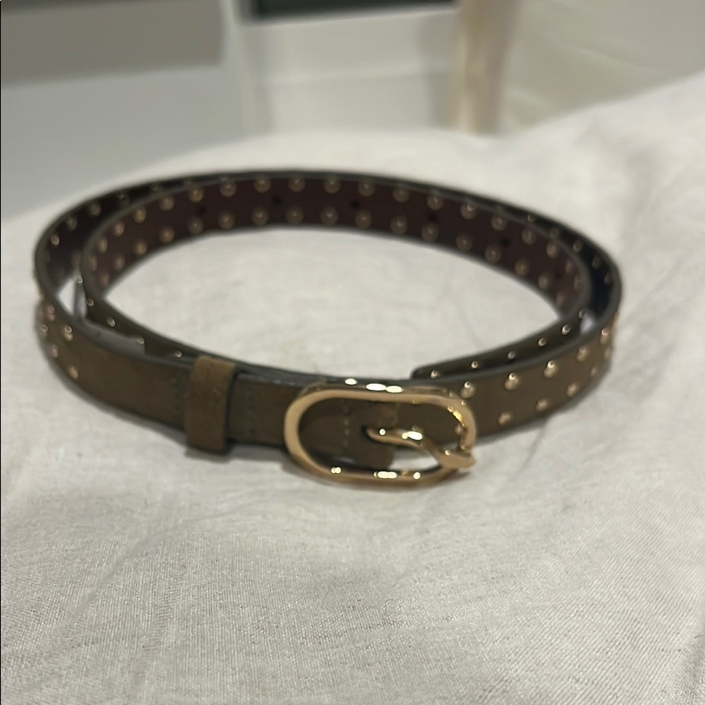 FRAME Gold buckle & studded Olive suede belt